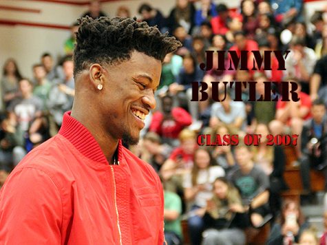 Jimmy Butler addresses the crowd at the THS gym.