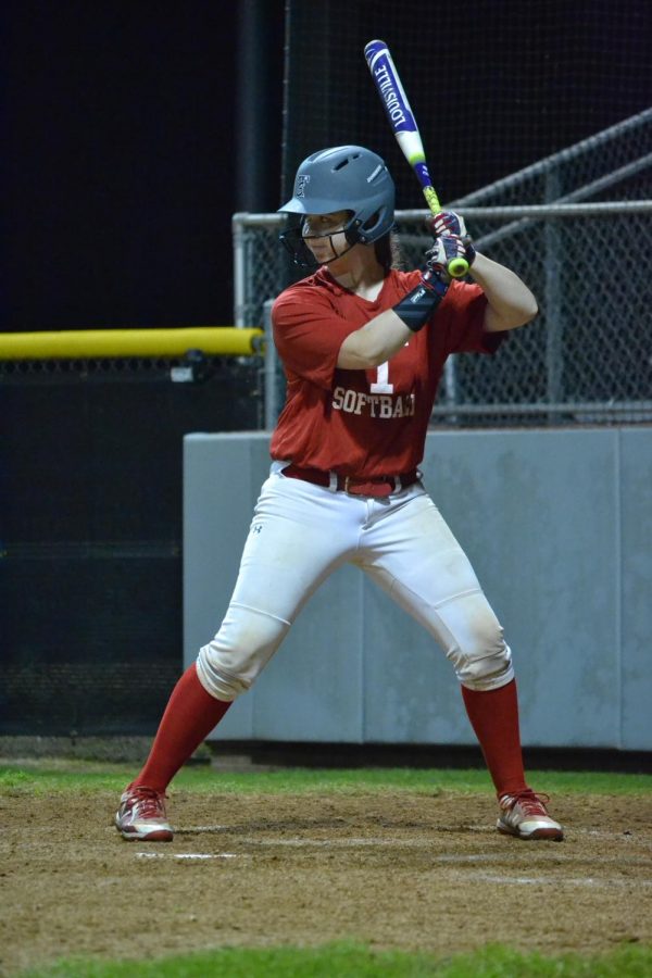 Softball player winds up at home plate. 