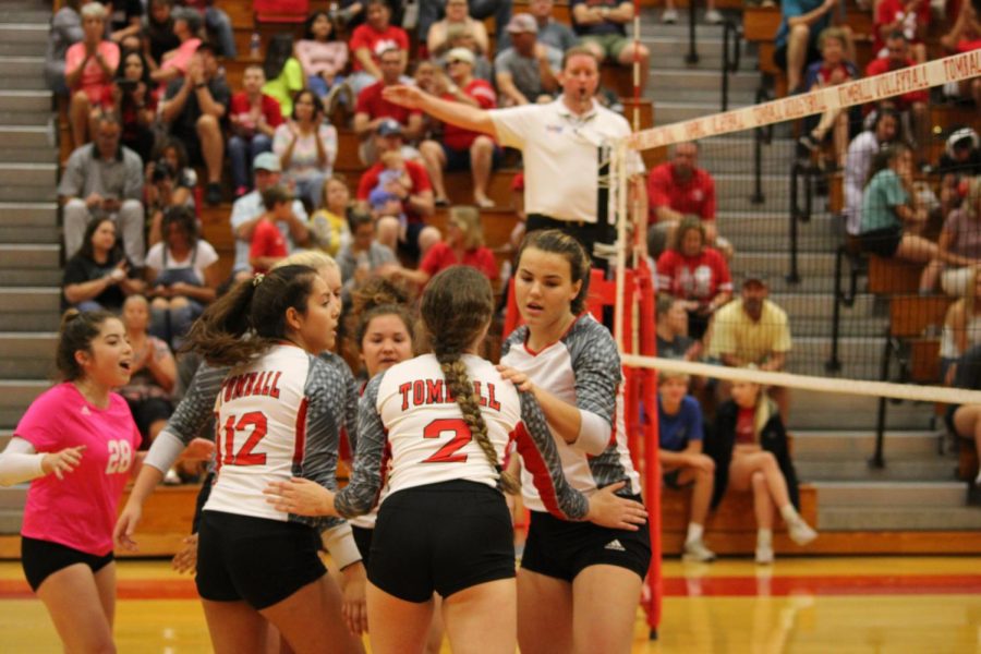 Volleyball team during a game after scoring a point.