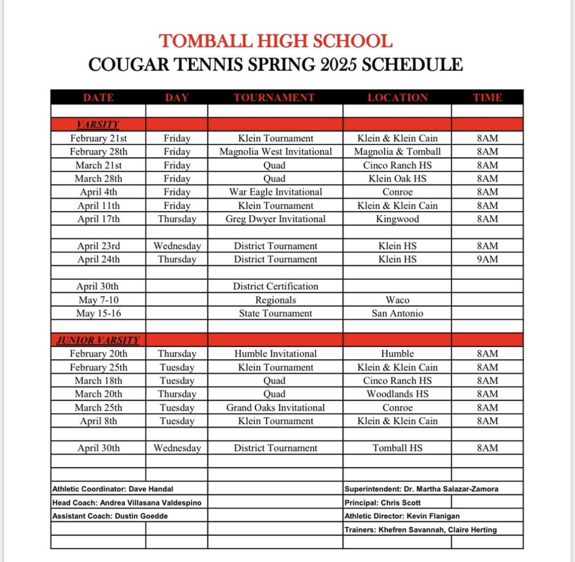 Cougar Tennis 2025 schedule